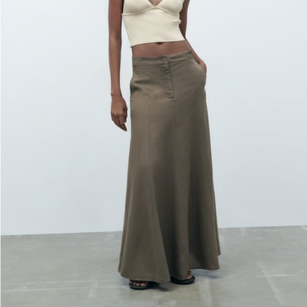ZARA Long Linen Blend Skirt - Size Large / Toffee